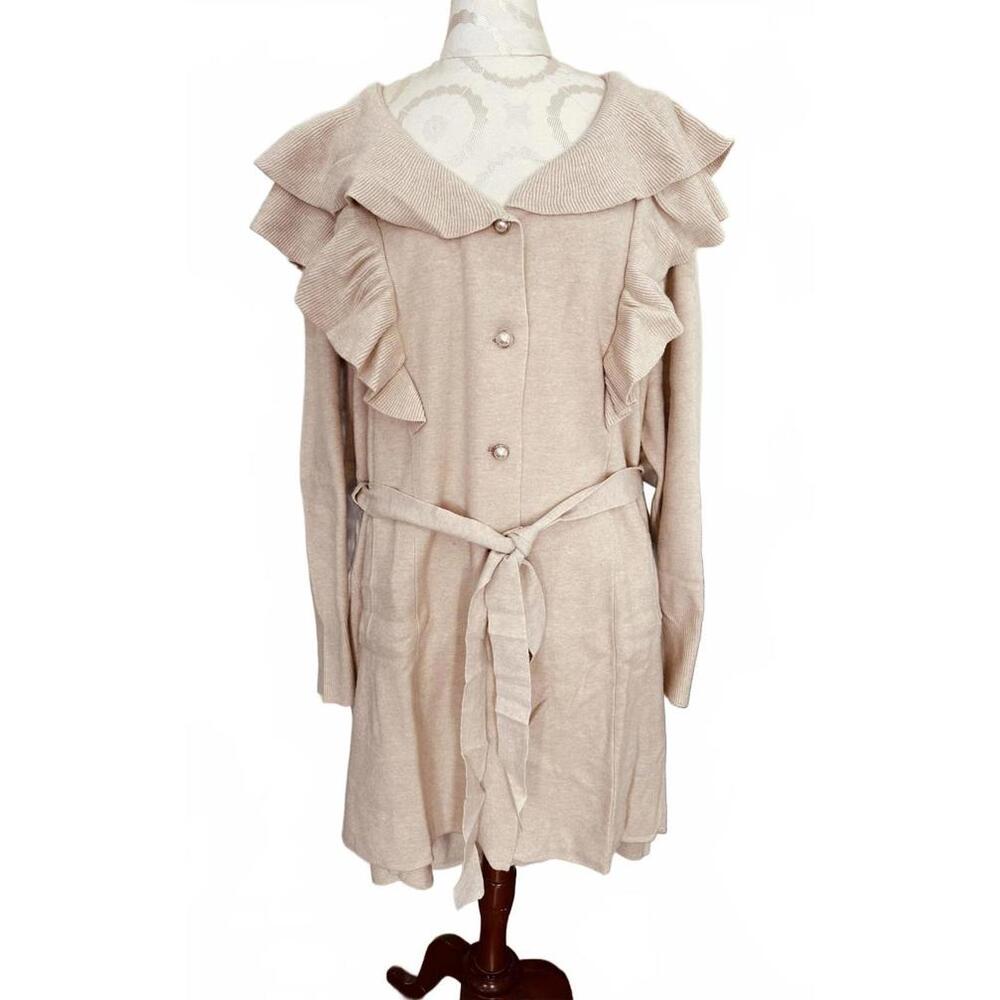 Christian Siriano Knit Cardigan with Ruffle Trim and Belt Beige Size 3X